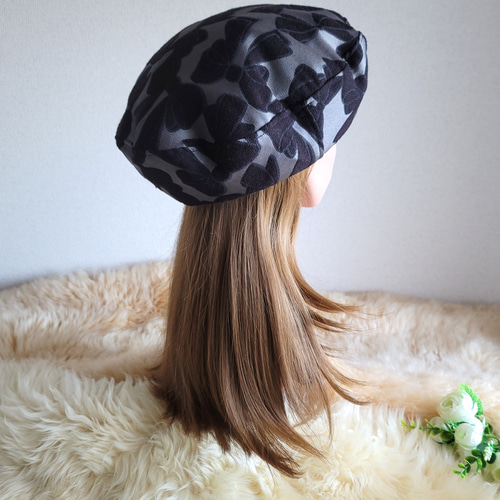 ベーシック ベレー帽☆グレー×BLACK 艶リボン柄 ベレー帽 ベーシック ベレー帽☆グレー×BLACK 艶リボン柄 ベレー帽