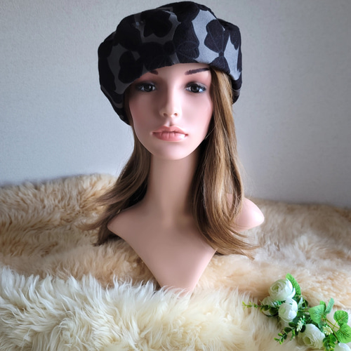 ベーシック ベレー帽☆グレー×BLACK 艶リボン柄 ベレー帽 ベーシック ベレー帽☆グレー×BLACK 艶リボン柄 ベレー帽
