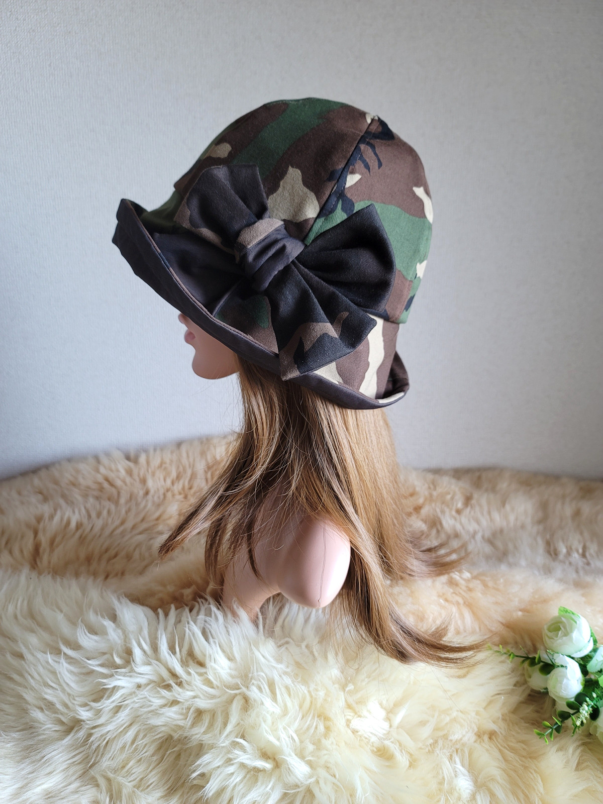 フィット hat★リボン  迷彩柄×ブラウンカラー