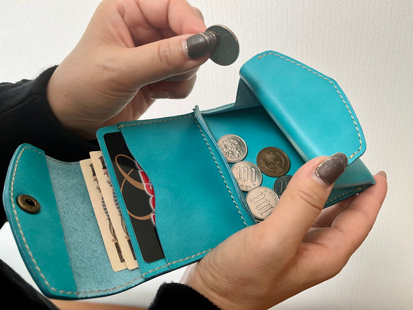 レザー　ミニ財布　三つ折り　ターコイズブルー 5枚目の画像