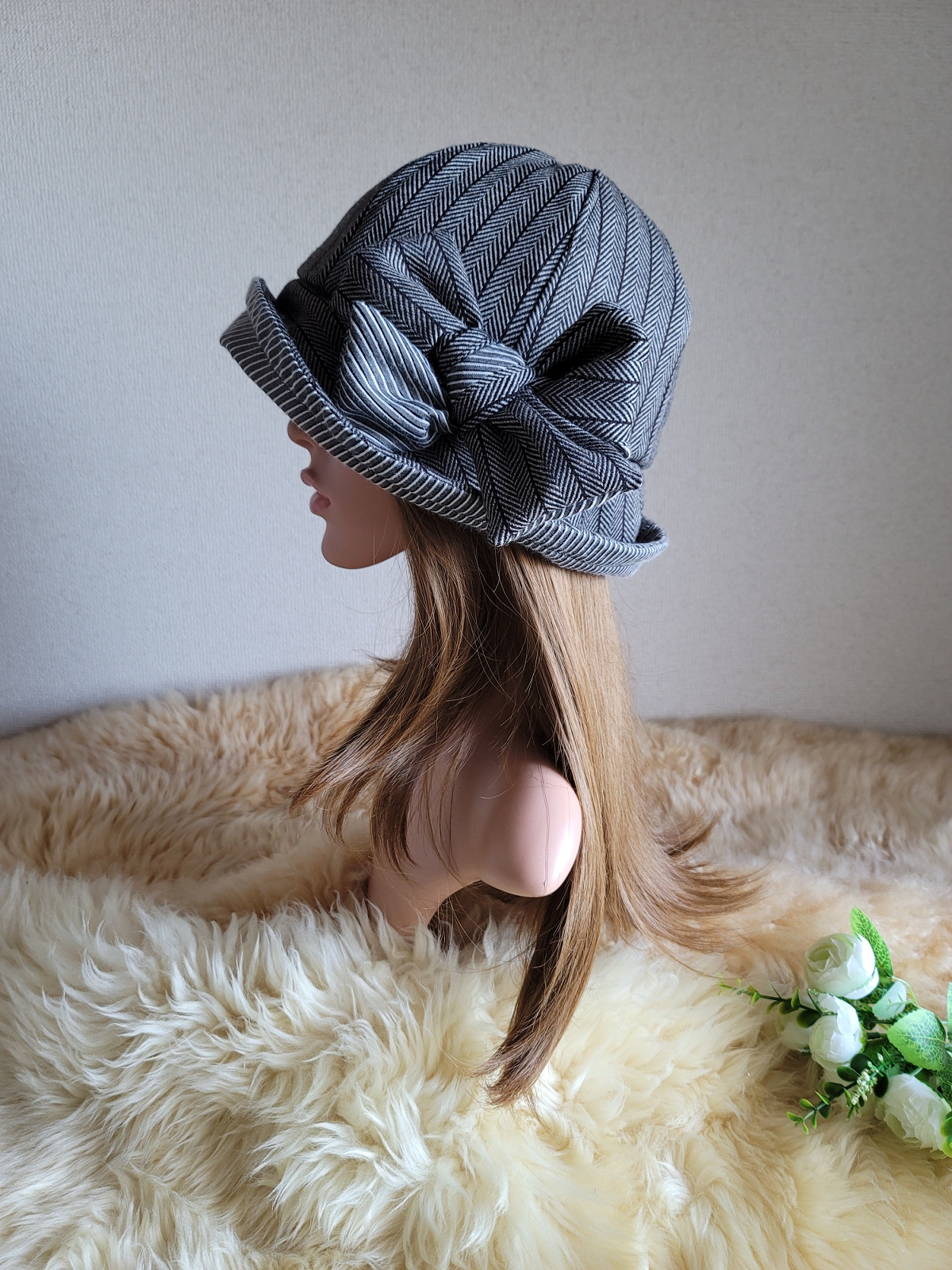 フィット hat★リボン  ダークブラウン系×グレー系ミックス