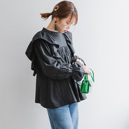 Three Four Time サイドフリルプリーツ袖バックリボンブラウス サイド