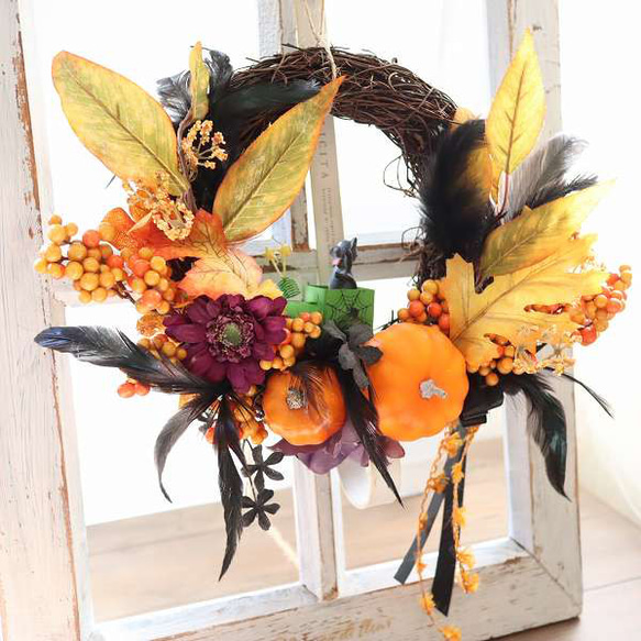 最終セール☆秋色リース フラワーリース ハロウィン お月見 ハンドメイド 最終セール☆秋色リース フラワーリース ハロウィン お月見
