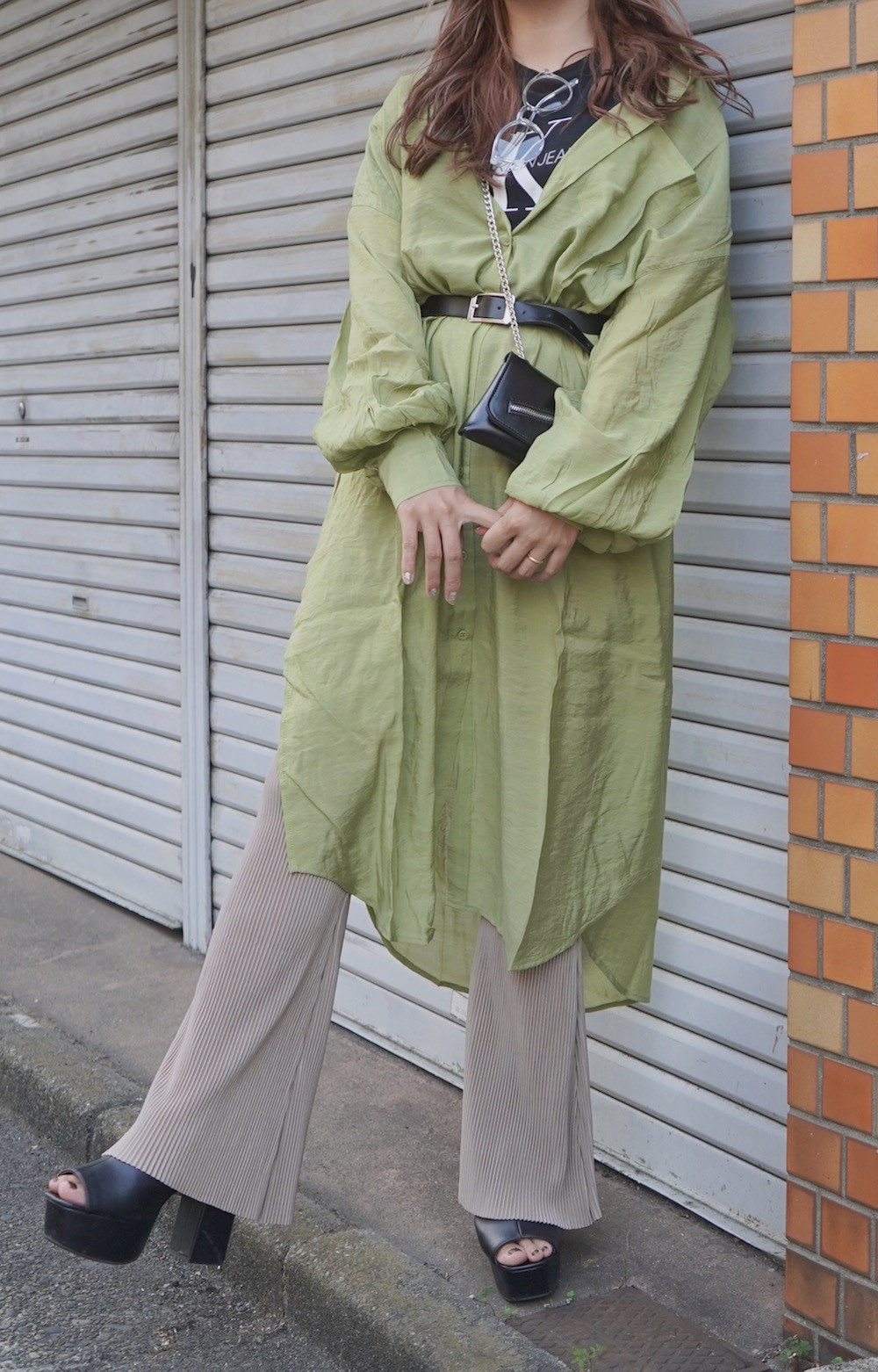 2way Sheer Long Shirts Onepiece green tea 長袖シャツ 緑 きれいめ