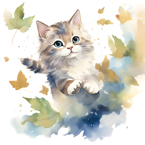 落ち葉に踊る猫 キャンバス|水彩画・おしゃれ・シンプル 落ち葉に踊る猫 キャンバス|水彩画・おしゃれ・シンプル