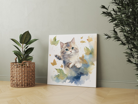 落ち葉に踊る猫 キャンバス|水彩画・おしゃれ・シンプル 落ち葉に踊る猫 キャンバス|水彩画・おしゃれ・シンプル