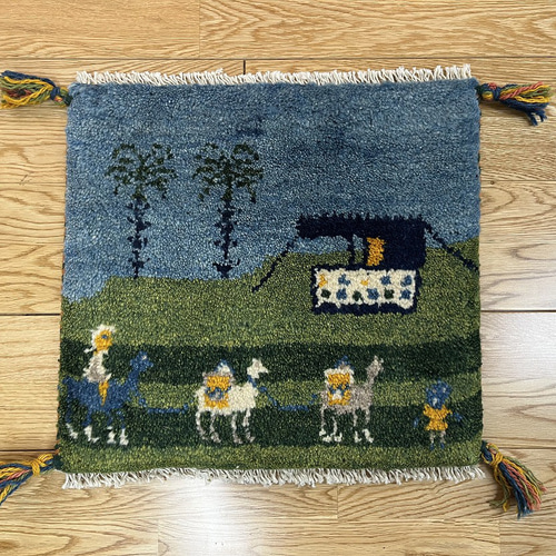 ミニギャベ●37×36㎝●手織●本物●新品未使用 遊牧民が紡ぐギャッベ 大特価33％OFF】ペルシャ ギャッベ ミニマット 40×37 緑 青