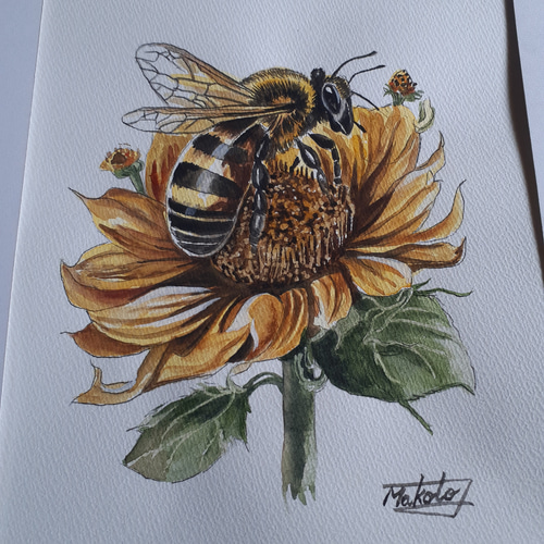 水彩画 ひまわりとミツバチ 絵画 makochin 通販 16580866