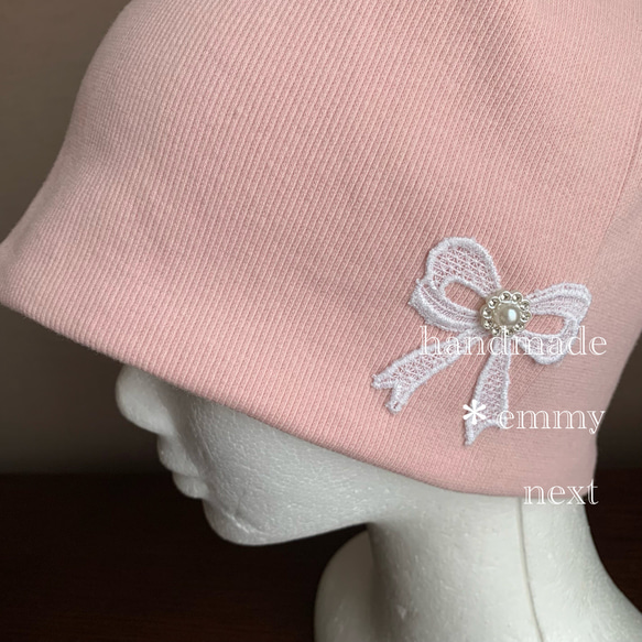 送料無料＊handmade パールビジューモチーフ付き帽子〈ribbonライトピンク〉ケア帽子　ケアキャップ 2枚目の画像