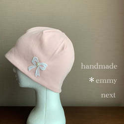 送料無料＊handmade パールビジューモチーフ付き帽子〈ribbonライトピンク〉ケア帽子　ケアキャップ 3枚目の画像