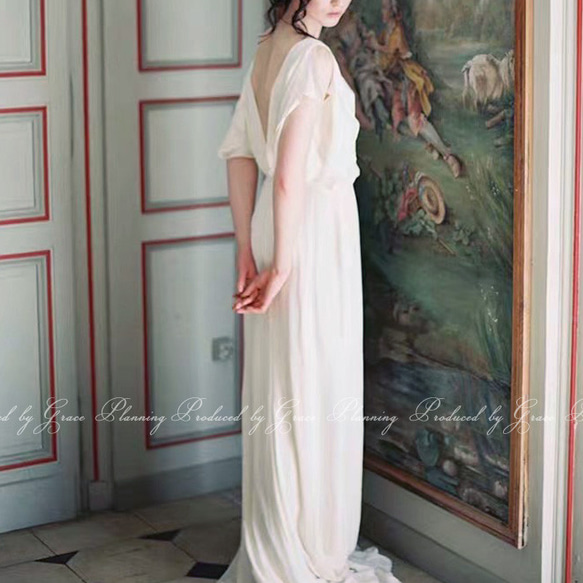 ウェディングドレス 白 半袖　袖あり シフォン スレンダーライン 結婚式 披露宴 前撮り 二次会清楚  gcd80026 4枚目の画像
