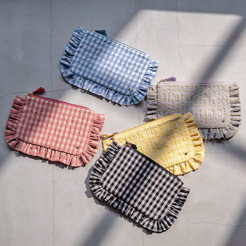 可愛いフリルポーチ コスメポーチ ギンガムチェック 小物入れ サックス