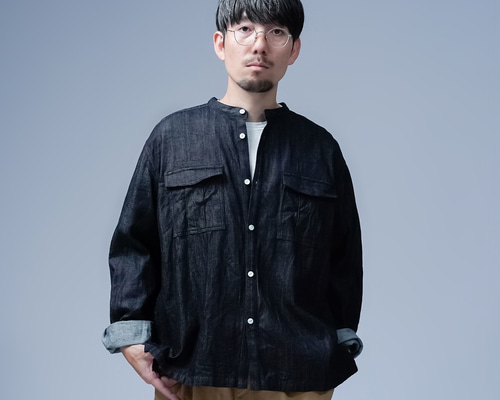 soco】デニム サファリ シャツ 男女兼用 / ダークインディゴ t032u