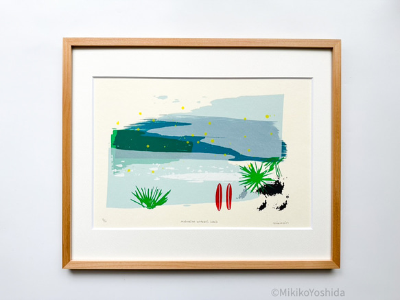 シルクスクリーン版画「Australian Wategos beach」海／青