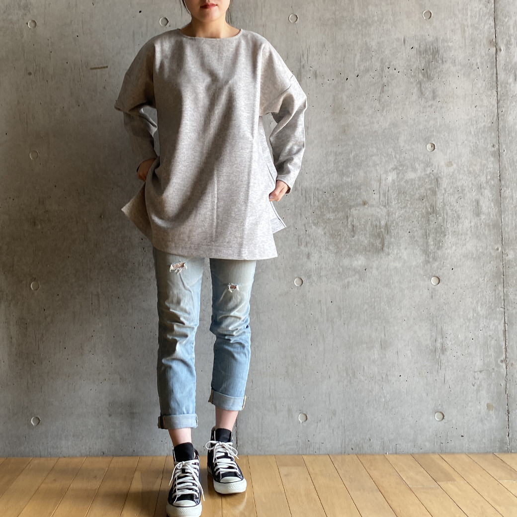 【日本製】ウォッシャブル圧縮ウール ボートネックオーバーサイズプルオーバー＿ライトグレー