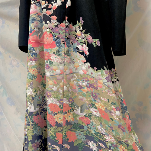 着物リメイク 黒留袖ドレス 百花繚乱 友禅染 Aライン ハンドメイド