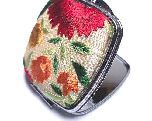 コンパクトミラー ①】インド刺繍リボン スクエアー型 四角 鏡