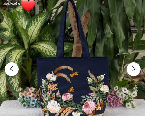 お花手刺繍トートバッグ / ブラック トートバッグ ハナ ナイス