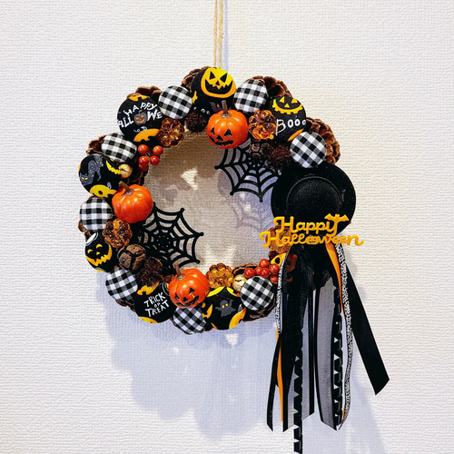 2023年Halloweenリース ハロウィン柄ギンガムチェック柄くるみボタン