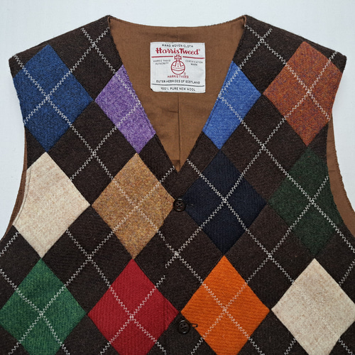 ハリスツイード　パッチワークウールベスト　ヘリンボーン柄　ビックサイズ　USA製 ハリスツイード パッチワークウールベスト ヘリンボーン柄