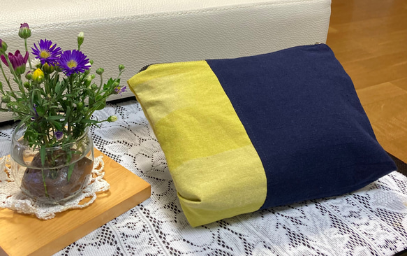 久留米絣　紺と黄色のポーチ 2枚目の画像