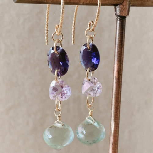 14kgf アイオライト・アメジスト・フローライトのピアス ピアス