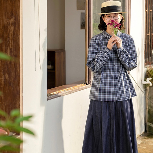 大人上品ギンガムチェック コットンの長袖ブラウス【春秋】ネイビー