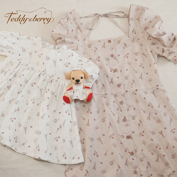 受注生産】パリ柄ワンピース 親子とベアお揃いセット 子供服 Teddy