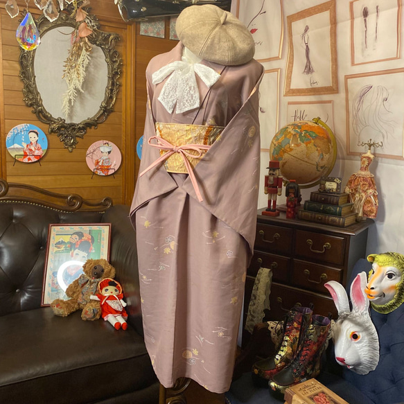単衣着物 洗える 化繊 ワンピース ドレス ハンドメイド リメイク 帯サッシュベルト 和洋折衷 3枚目の画像