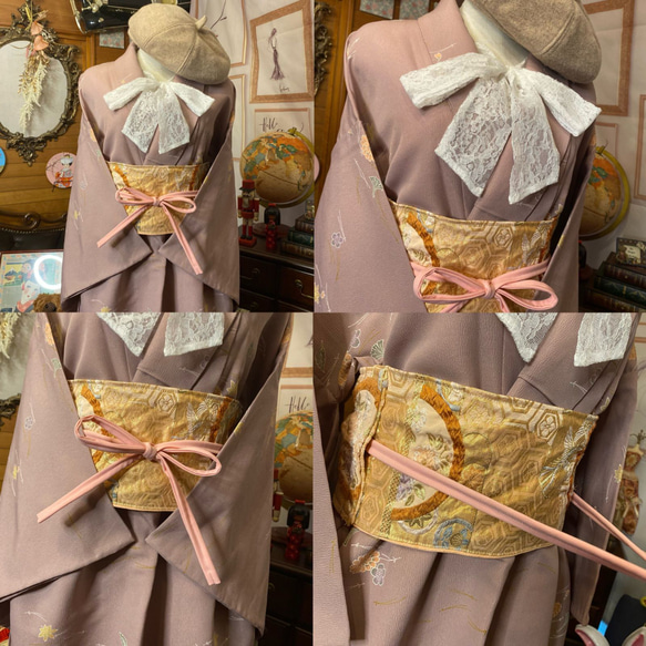 単衣着物 洗える 化繊 ワンピース ドレス ハンドメイド リメイク 帯サッシュベルト 和洋折衷 2枚目の画像