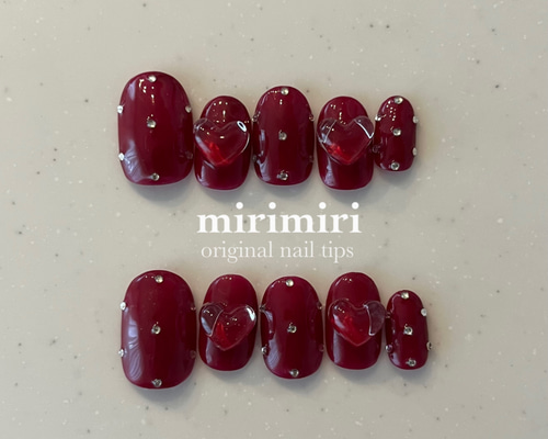 161 】ネイルチップ バレンタイン ハートネイル ボルドー 冬 ガーリー