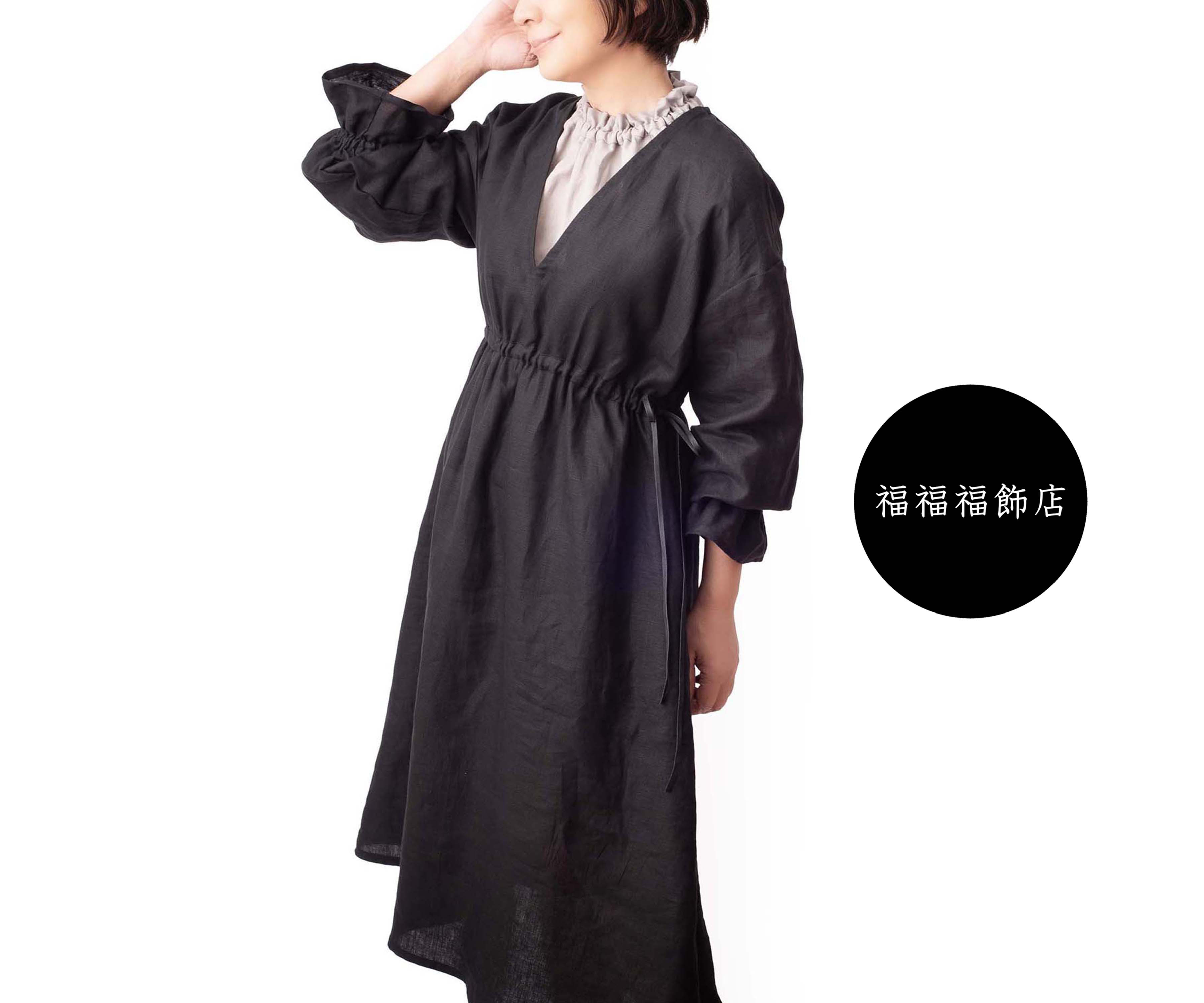 【大人のリネンワンピース】ウエスト調整付き　サイズSML　オーダー　長袖　ブラック