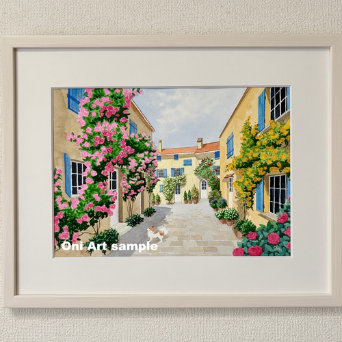 アクリル画　原画　「コスモスのフィールド06」額縁付　F0サイズ　風景画 花の咲く路地06」透明水彩画 原画 風景画 額縁付 F4サイズ 絵画 Oni