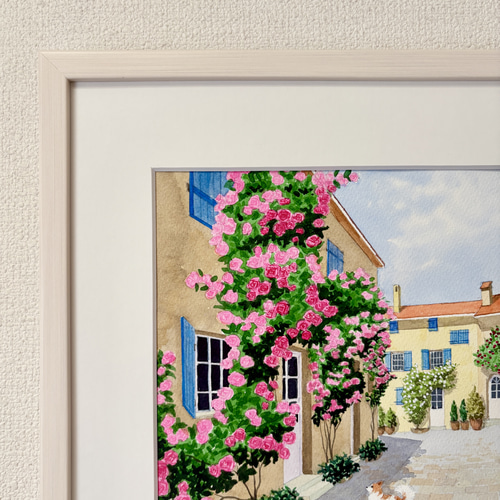 花の咲く路地06」透明水彩画 原画 風景画 額縁付 F4サイズ 絵画 Oni