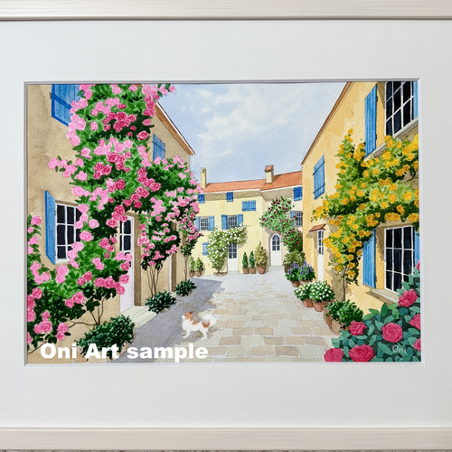 花の咲く路地06」透明水彩画 原画 風景画 額縁付 F4サイズ 絵画 Oni