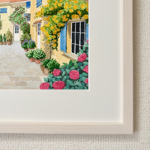 花の咲く路地06」透明水彩画 原画 風景画 額縁付 F4サイズ 絵画 Oni