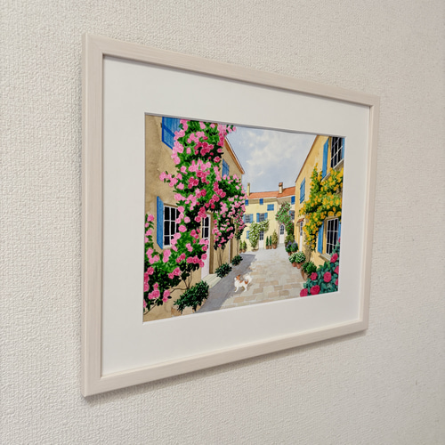 花の咲く路地06」透明水彩画 原画 風景画 額縁付 F4サイズ 絵画 Oni