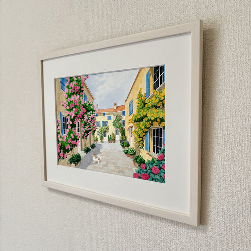 花の咲く路地06」透明水彩画 原画 風景画 額縁付 F4サイズ 絵画 Oni