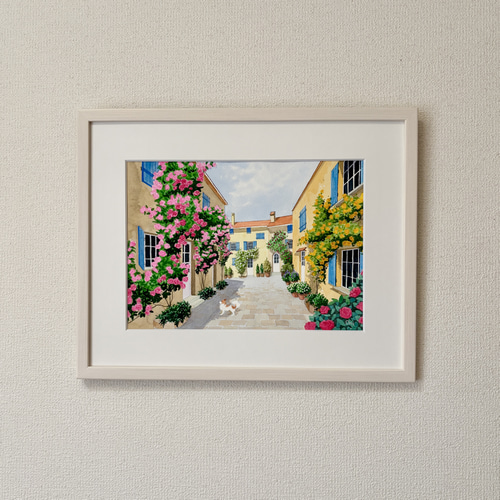 花の咲く路地06」透明水彩画 原画 風景画 額縁付 F4サイズ 絵画 Oni