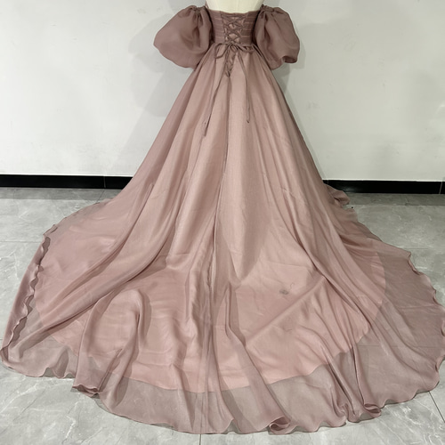 小豆色（あずきいろ）カラードレス 結婚式ドレス ベアトップ トレーン  