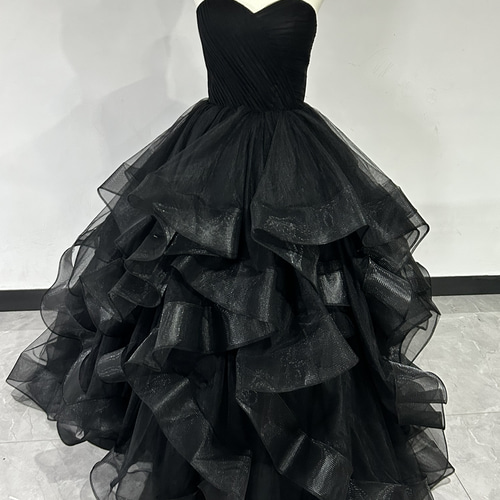 即納！高品質！パーティードレス 黒 ベアトップ 上質オーガンジー  