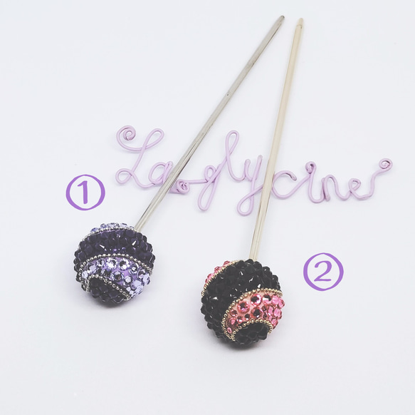 2色のクリスタル珠のかんざしショート　紫黒ピンク　和洋折衷　おめかし 1枚目の画像