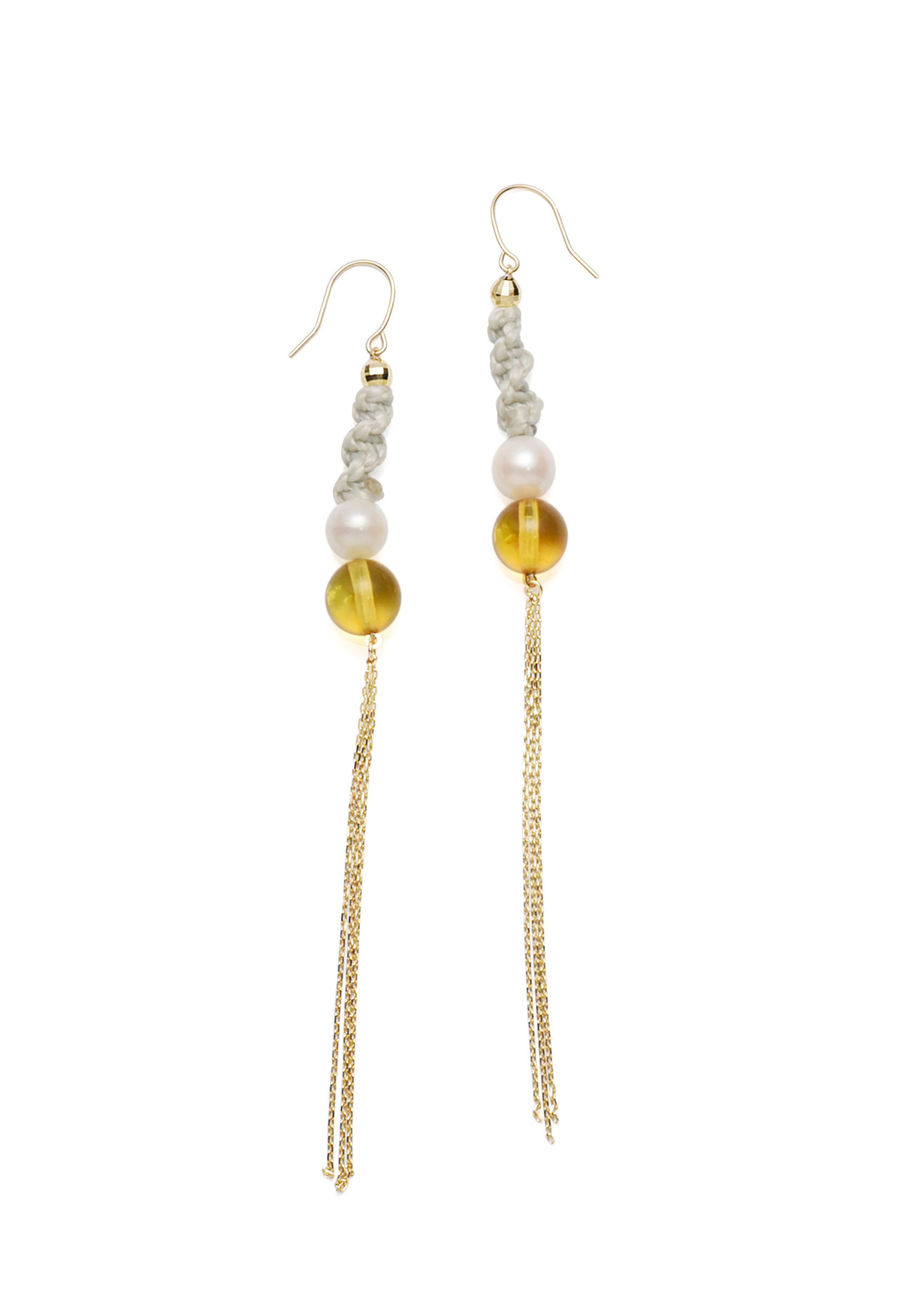K10YGあこや真珠×アンバー マクラメ カスケードピアス レモン・OW