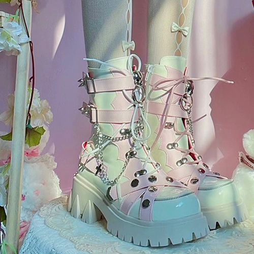 ゴスロリ/スカル/スタッズ/ブーツ/レディース/ブラック/ホワイト