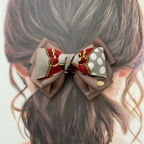スカーフ柄リボンのふっくらヘアアクセ☆ バレッタ