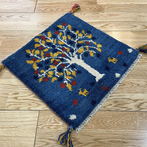 ペルシャ　アマレバフト　ミニマット　円形　40×40　藍色　馬　生命の木 ペルシャ アマレバフト ミニマット 円形 40×40 藍色 馬 生命の木