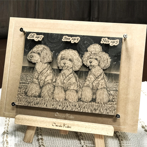 フォロワー様は価格から10％OFF【ペット画オーダー制作（A5用紙　１匹描き）】 オーダーメイド【木アート画】ペットM（額含む）～手描き＆立体