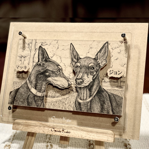 フォロワー様は価格から10％OFF【ペット画オーダー制作（A5用紙　１匹描き）】 オーダーメイド【木アート画】ペットM（額含む）～手描き＆立体
