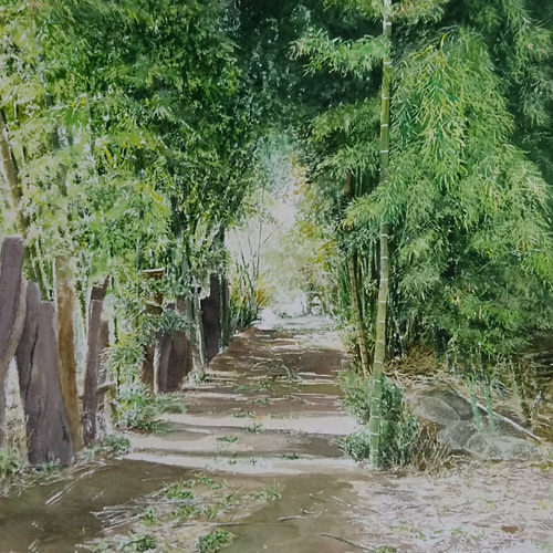 アクリル画 風景 道 （ひまわりが続く道」という水彩画を描き