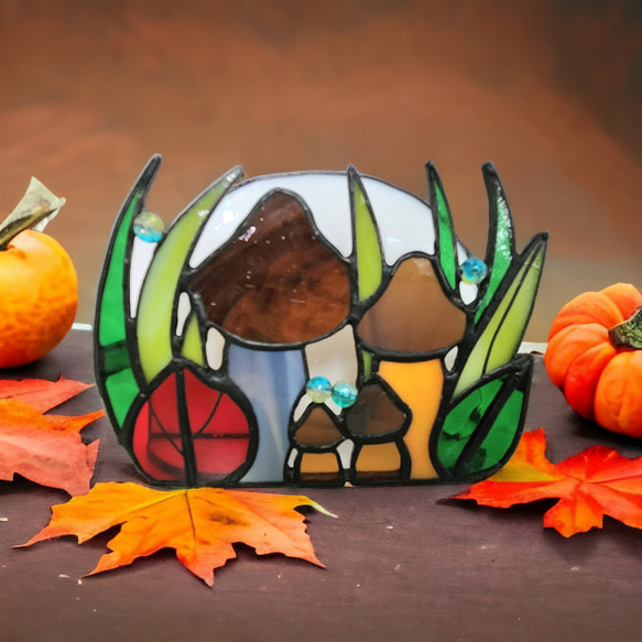 秋のキノコ　キッチンナプキンホルダー　置物　ステンドグラス雑貨　キッチン雑貨　インテリアアイテム　一点物　送料無料 2枚目の画像